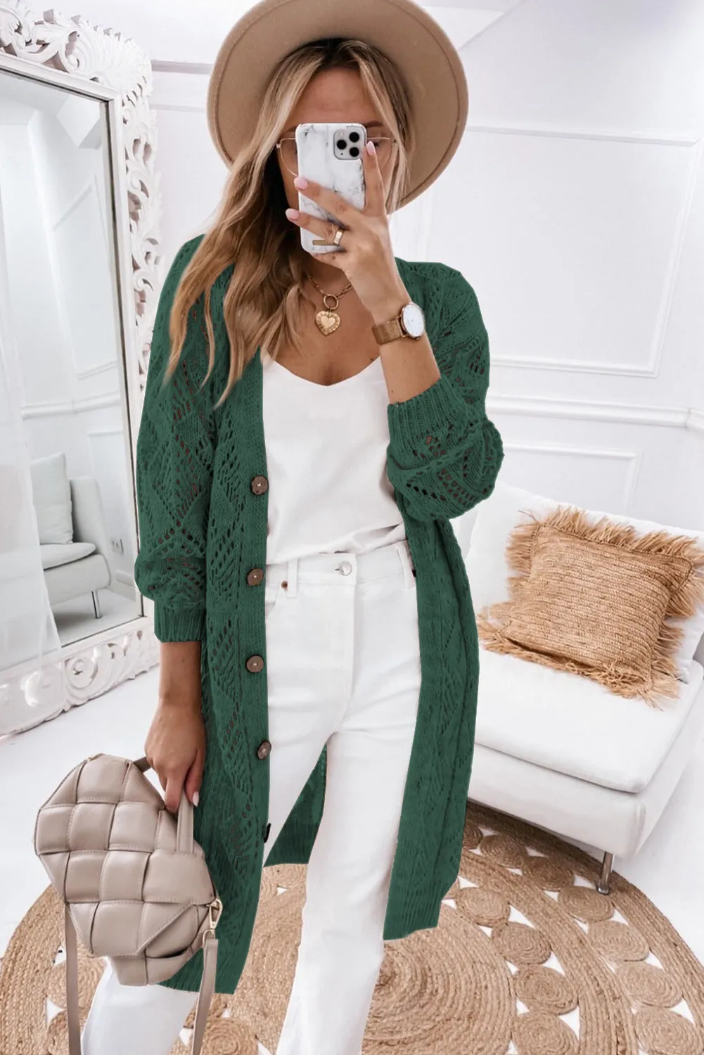 Blackish Green Hollow-out Openwork Knit Cardigan