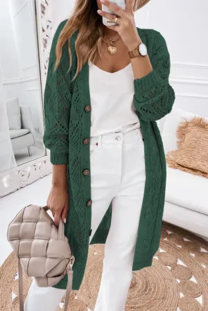 Blackish Green Hollow-out Openwork Knit Cardigan