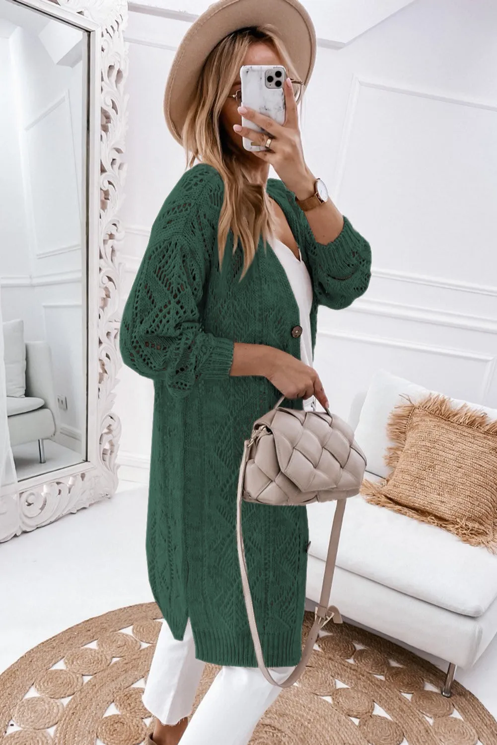 Blackish Green Hollow-out Openwork Knit Cardigan
