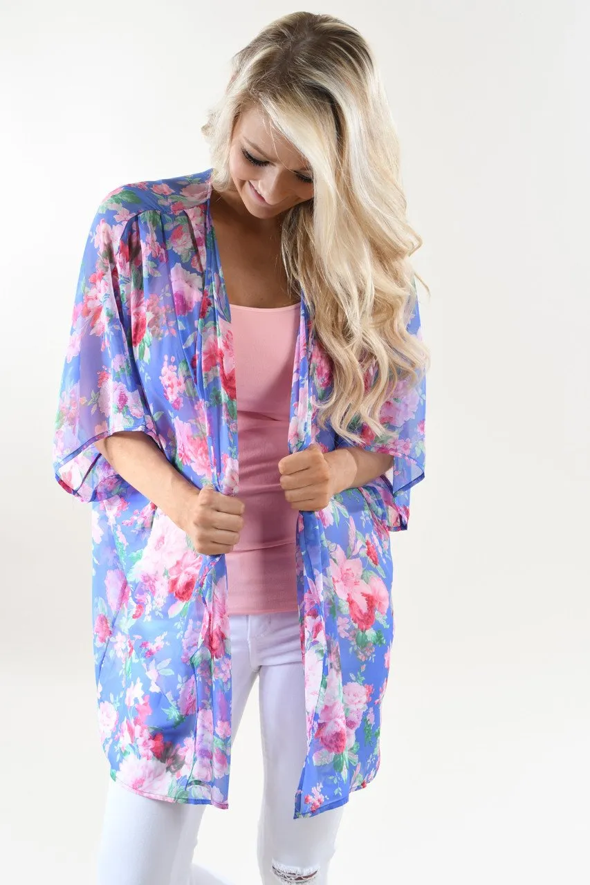 Blue and Pink Floral Kimono