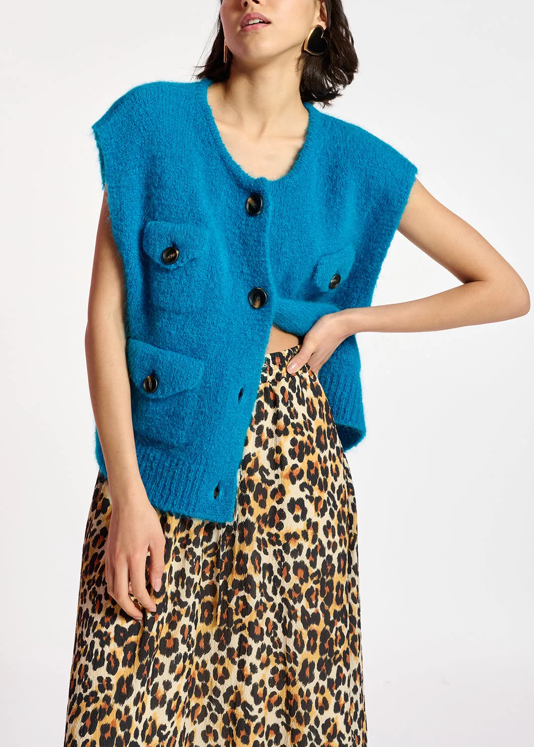 Blue sleeveless mohair-blend cardigan