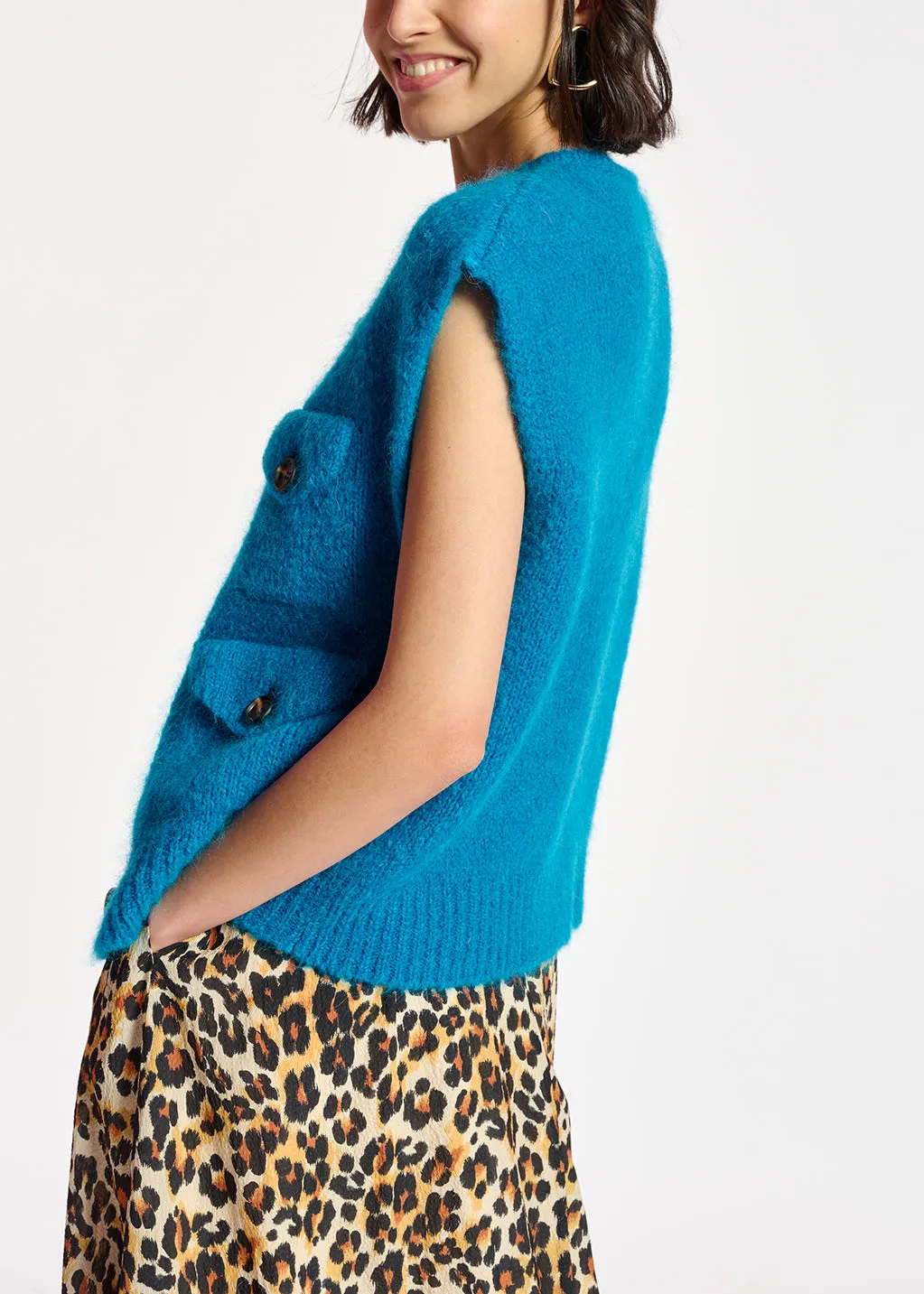 Blue sleeveless mohair-blend cardigan