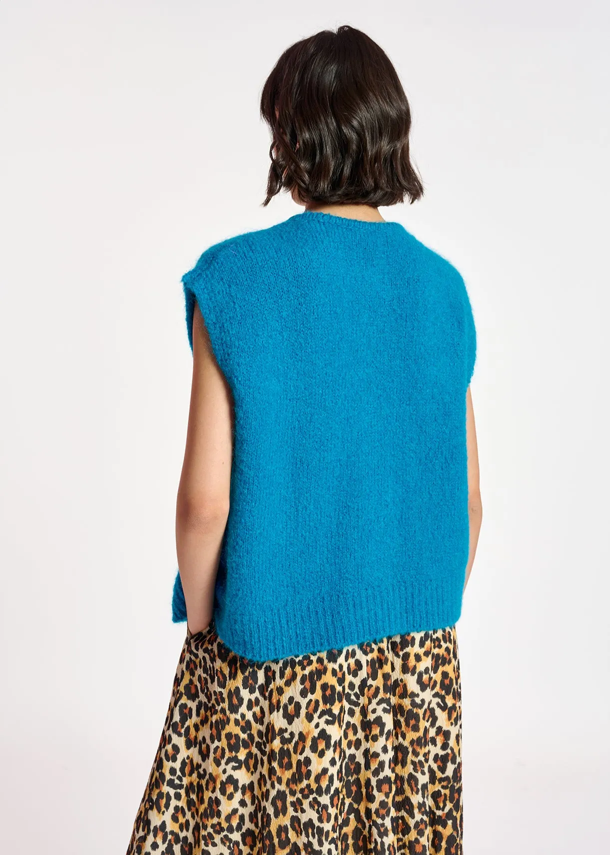 Blue sleeveless mohair-blend cardigan