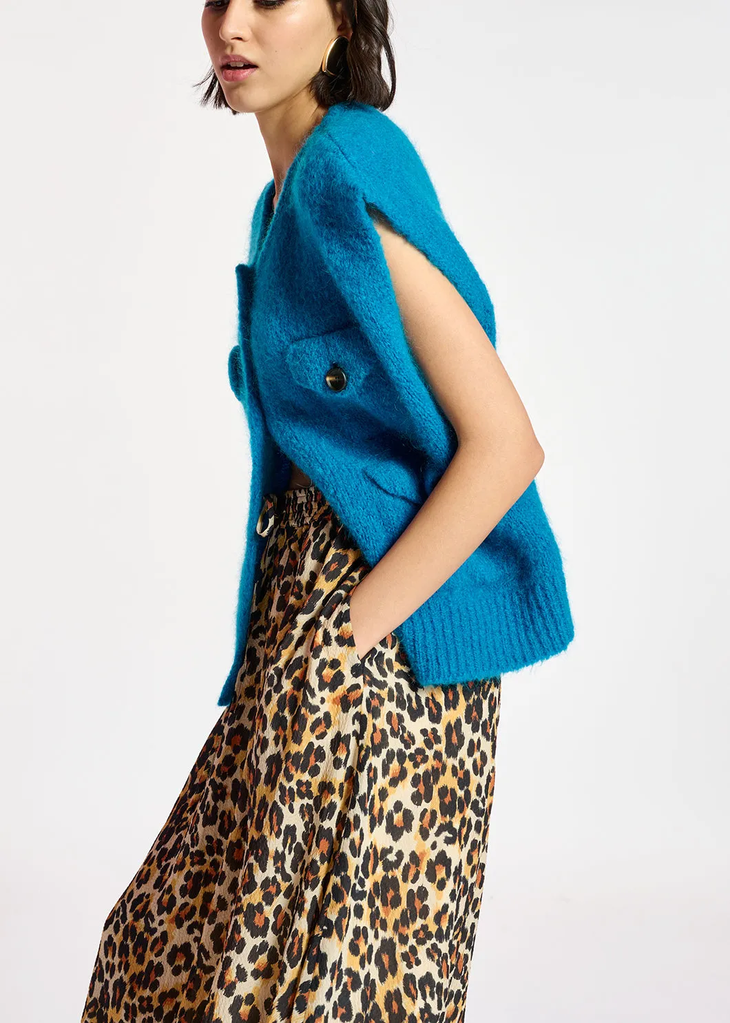 Blue sleeveless mohair-blend cardigan