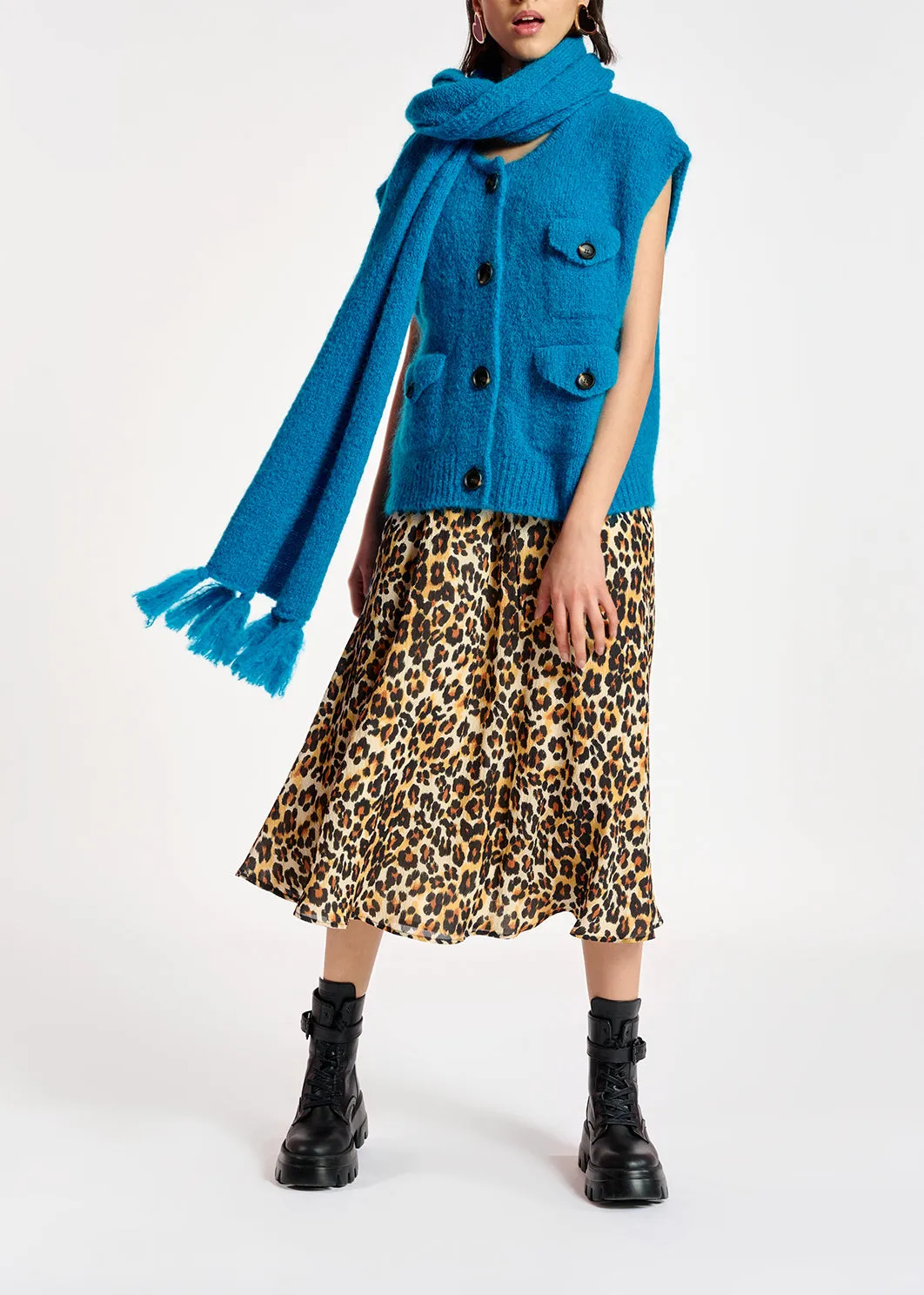 Blue sleeveless mohair-blend cardigan