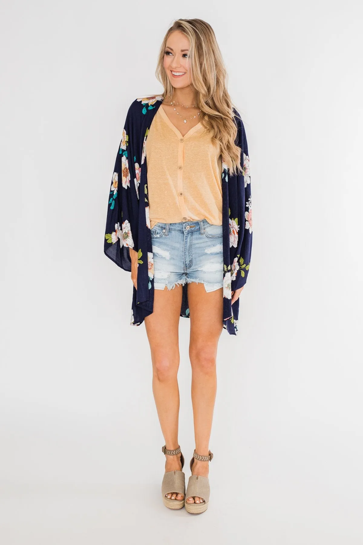 Botanical Floral Kimono- Navy