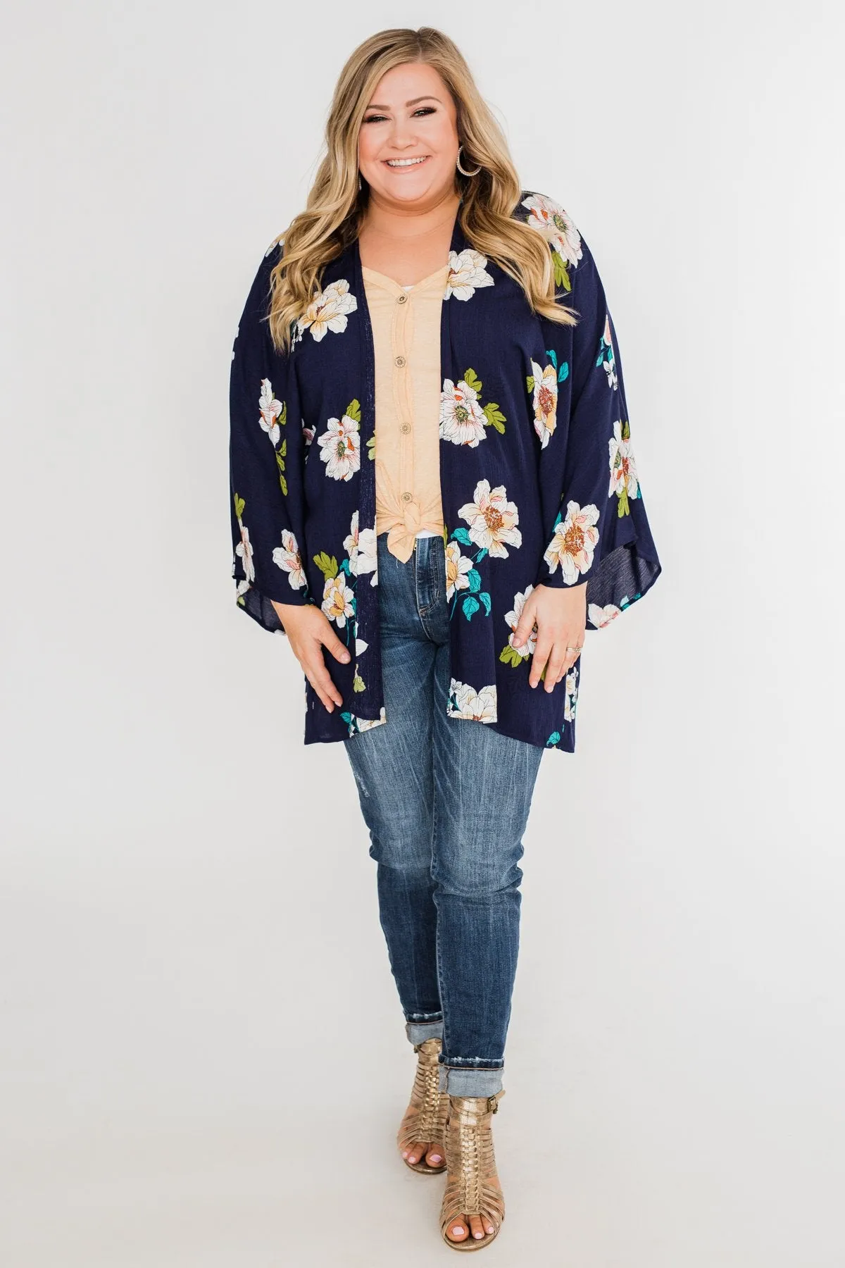 Botanical Floral Kimono- Navy