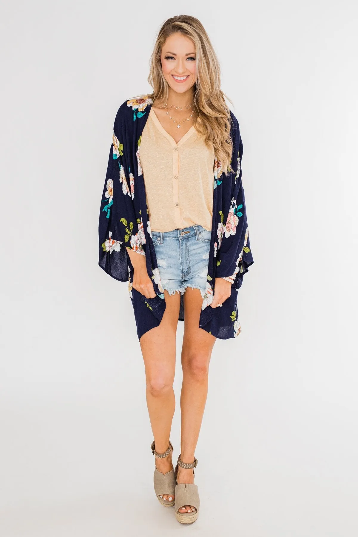 Botanical Floral Kimono- Navy