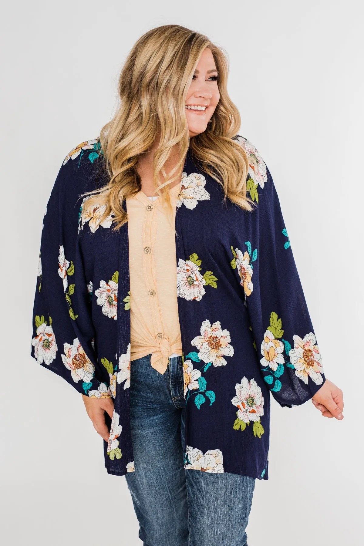 Botanical Floral Kimono- Navy
