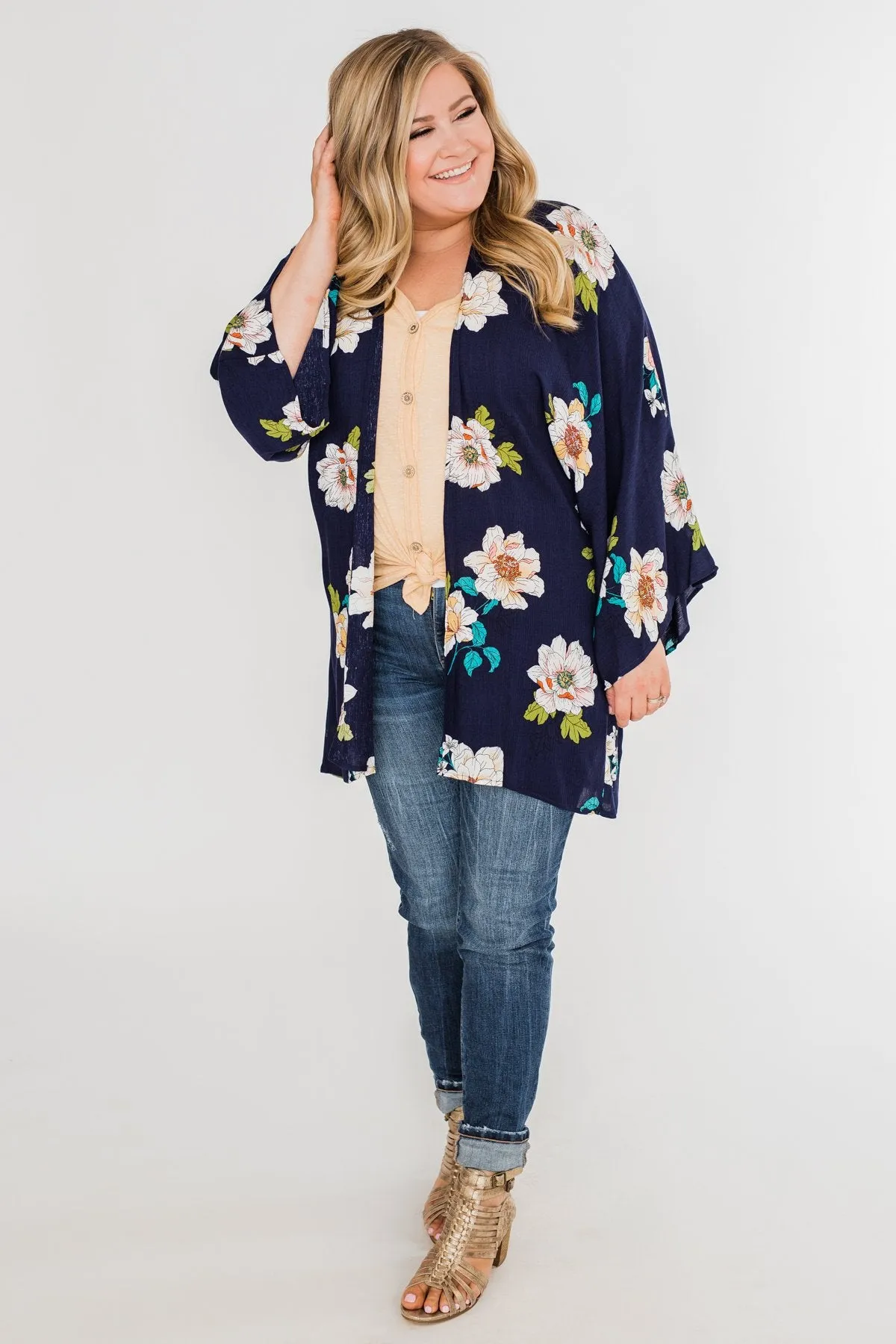 Botanical Floral Kimono- Navy