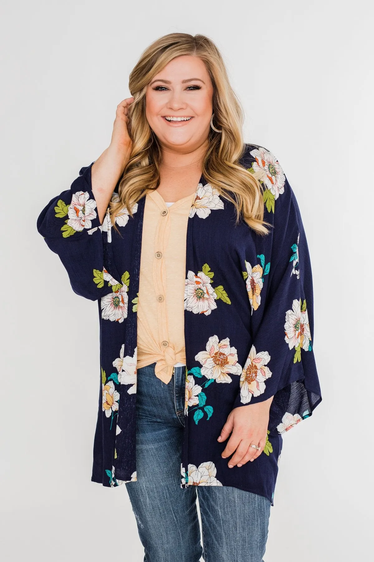 Botanical Floral Kimono- Navy