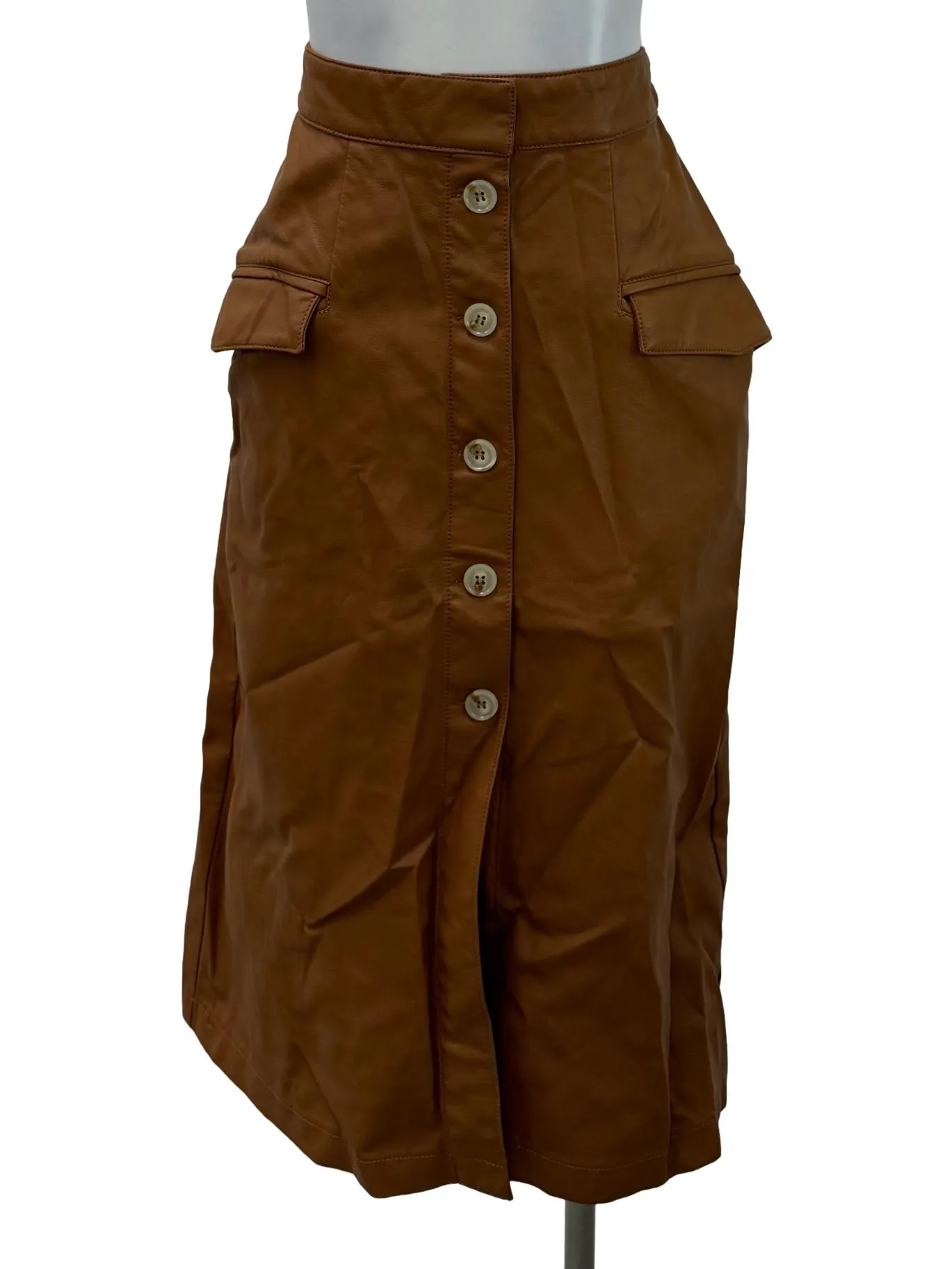 Brown Leather Button Skirt