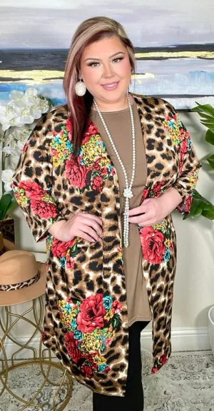 Brown Leopard, Red Floral, kimono cardigan