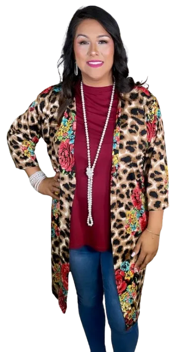 Brown Leopard, Red Floral, kimono cardigan