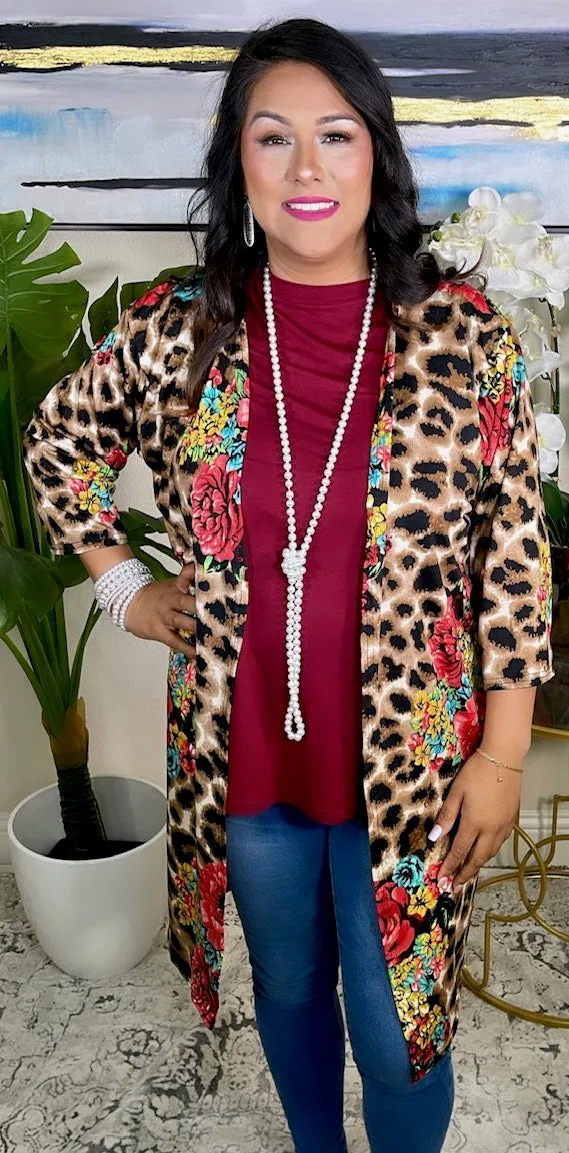 Brown Leopard, Red Floral, kimono cardigan