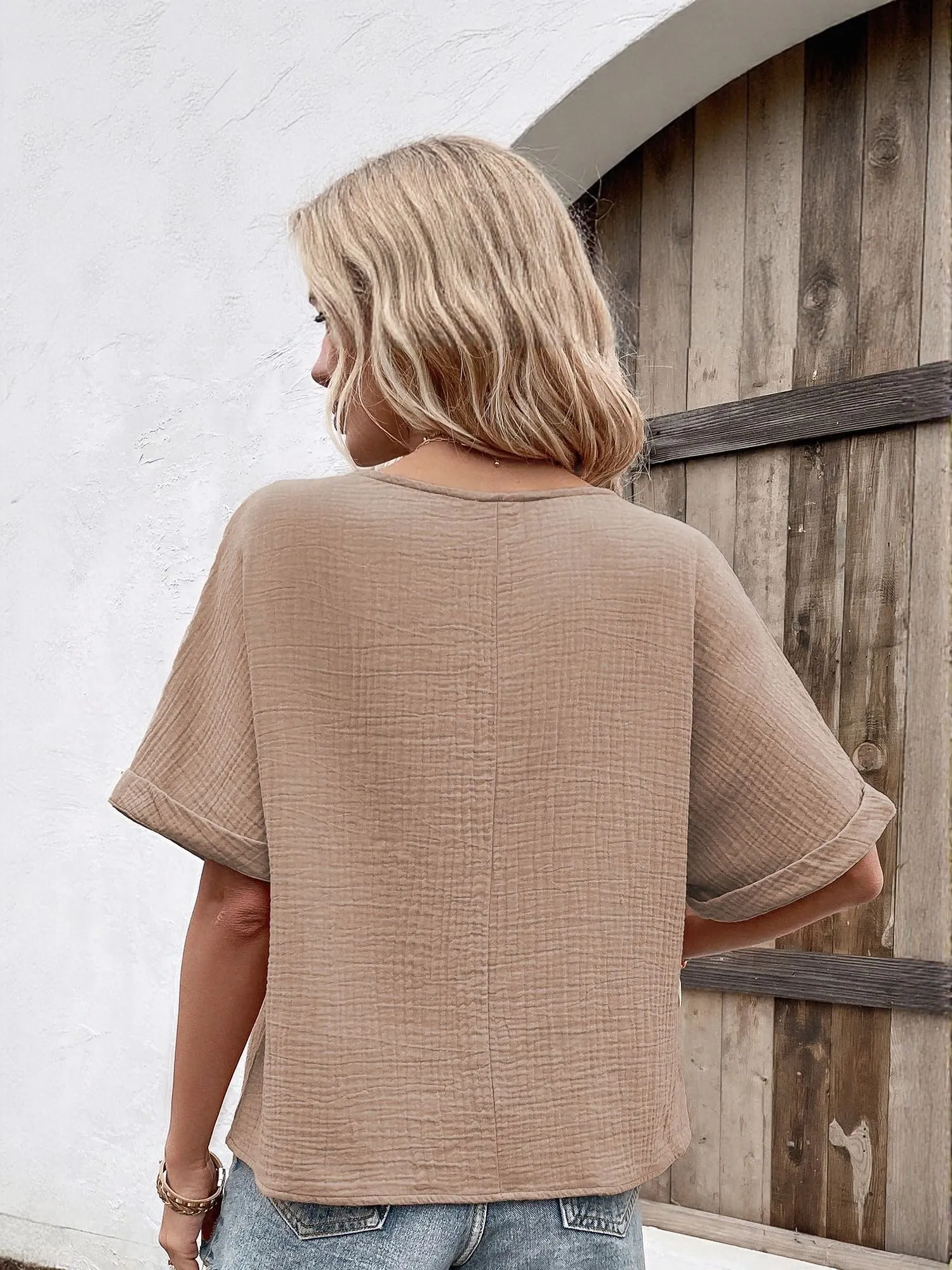 Brown Textured V Neck Top