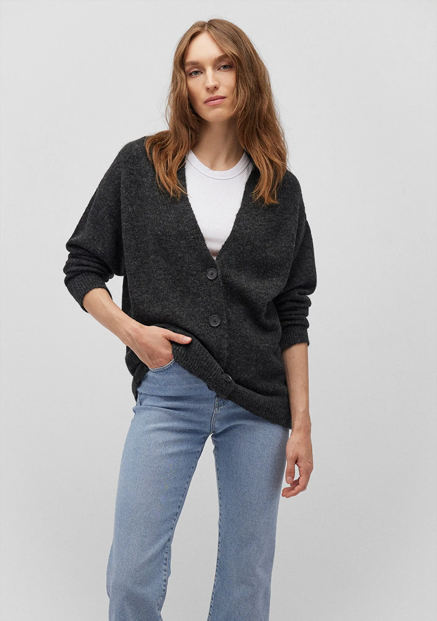 Buttoned Anthracite Hırka