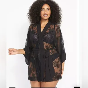 Cacique Lane Bryant | Floral Lace Kimono Sleeve Robe in Black - Size 2X (18/20)
