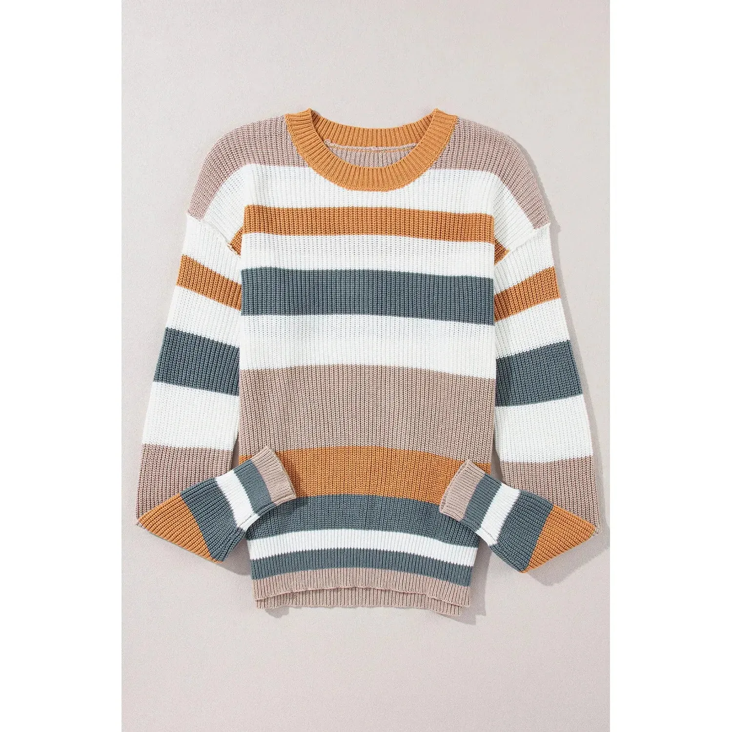 Camel Classic Round Neck Colorblock Knit Sweater