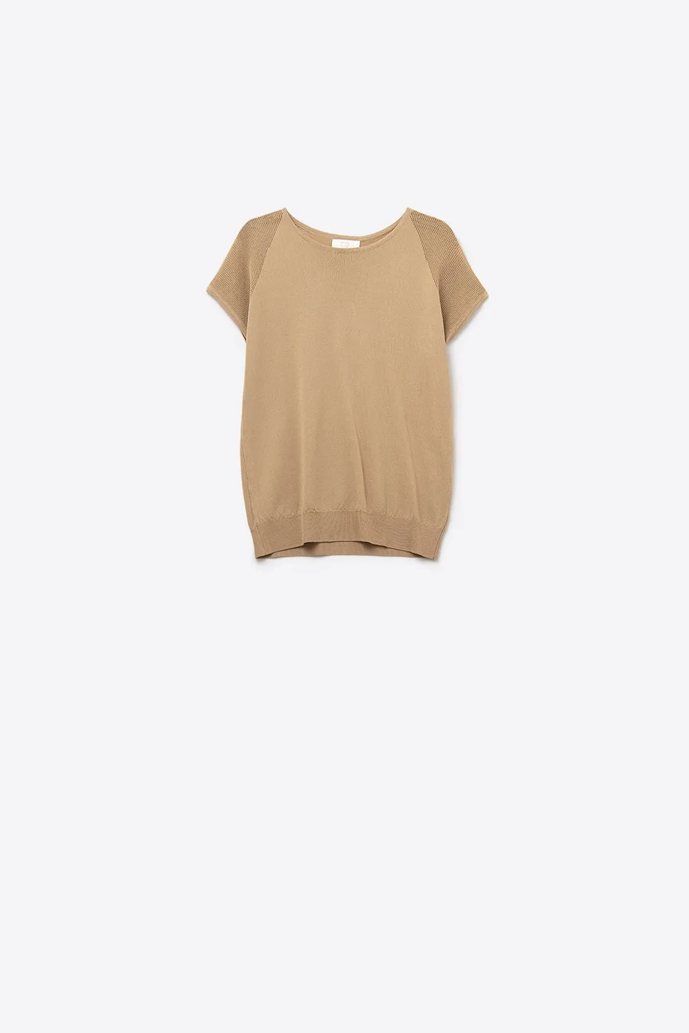 Camel Ribbed Short Sleeve Sweater with knitted mesh on the shoulder