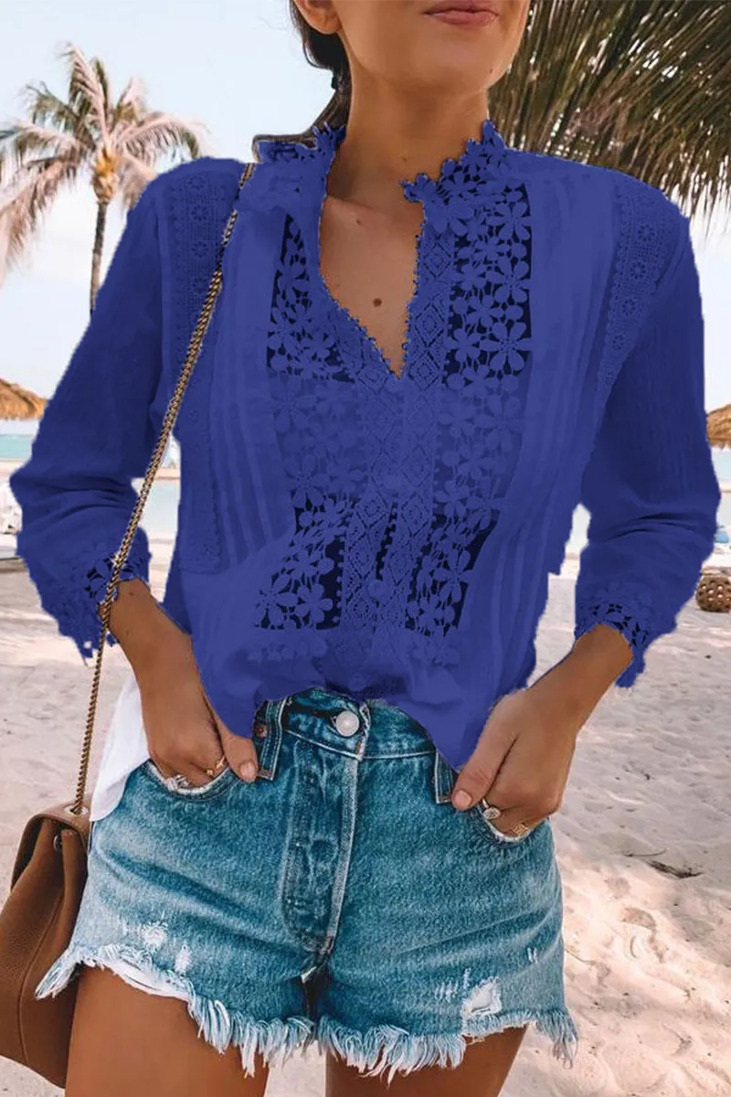 Casual Solid Lace V Neck Tops(4 Colors)