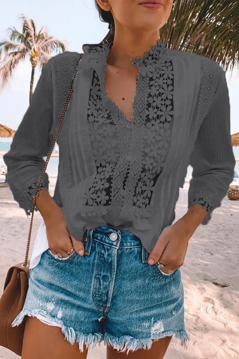 Casual Solid Lace V Neck Tops(4 Colors)