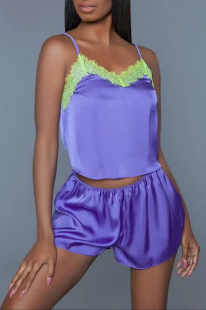 Cecille Satin Pajama Set – Color Block Lace Cami Elastic Waist Shorts