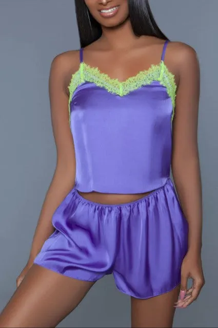 Cecille Satin Pajama Set – Color Block Lace Cami Elastic Waist Shorts