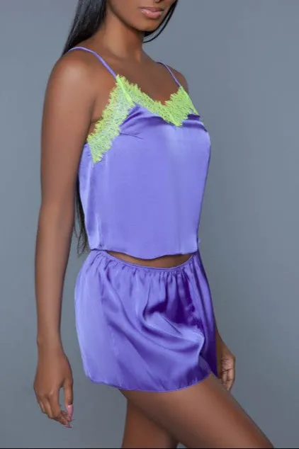 Cecille Satin Pajama Set – Color Block Lace Cami Elastic Waist Shorts