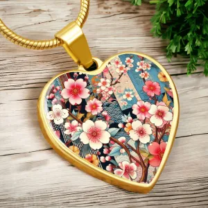 Cherry Blossom Heart Pendant - Japanese Kimono-Inspired Necklace, Gold-Plated Floral Jewelry, Elegant Sakura Gift, Customizable Pendant