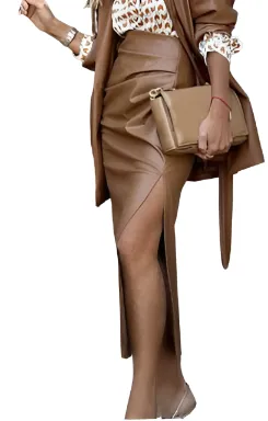 Chic High-Waist Ruched Leather Skirt