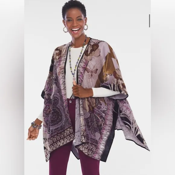 Chico’s Ruana Kimono Womens One Size Purple Velvet Burnout Fairy Whimsigoth