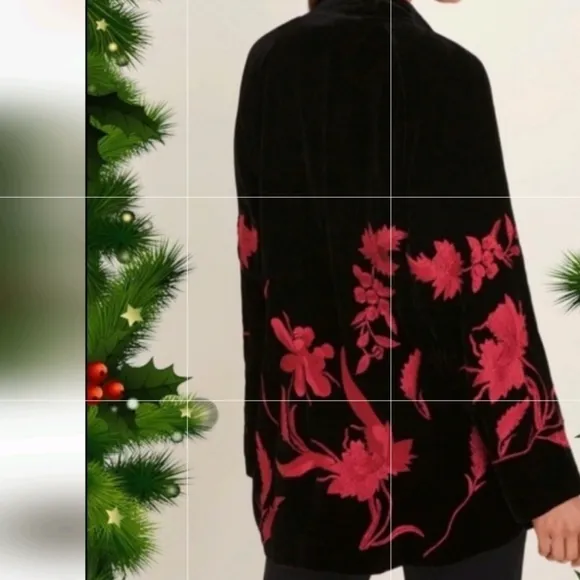 Chicos Travelers Black Velvet Jacket/ Kimono with Red Floral Embroidery sz 3
