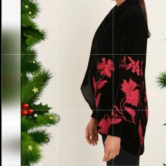 Chicos Travelers Black Velvet Jacket/ Kimono with Red Floral Embroidery sz 3