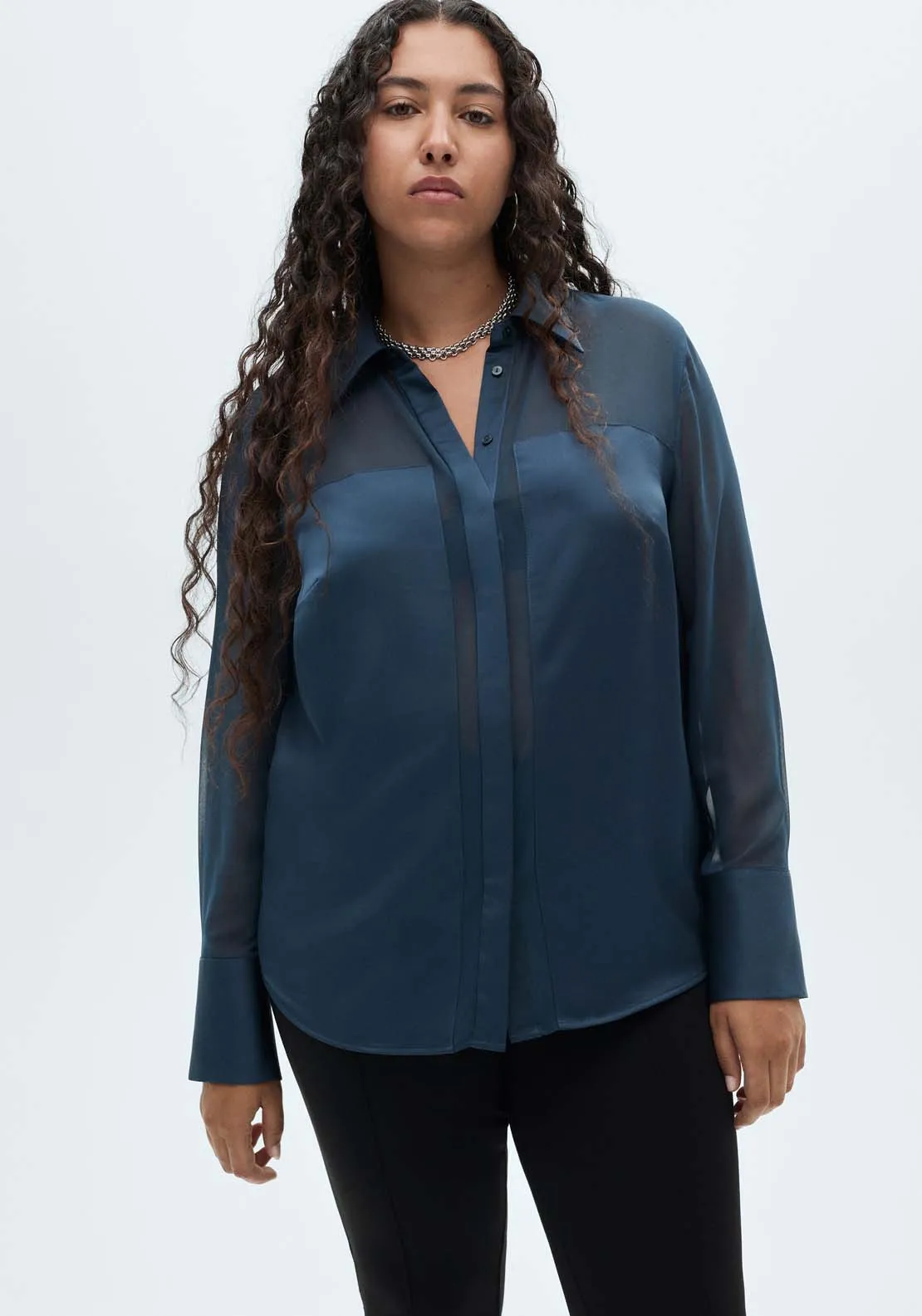 Chiffon shirt with satin panels - Dark Blue