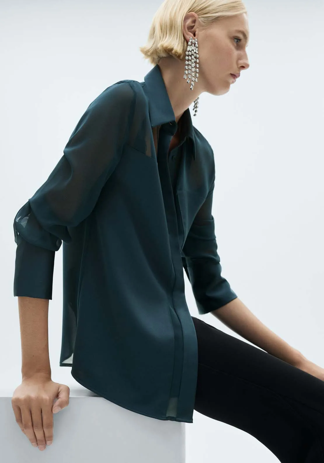 Chiffon shirt with satin panels - Dark Blue