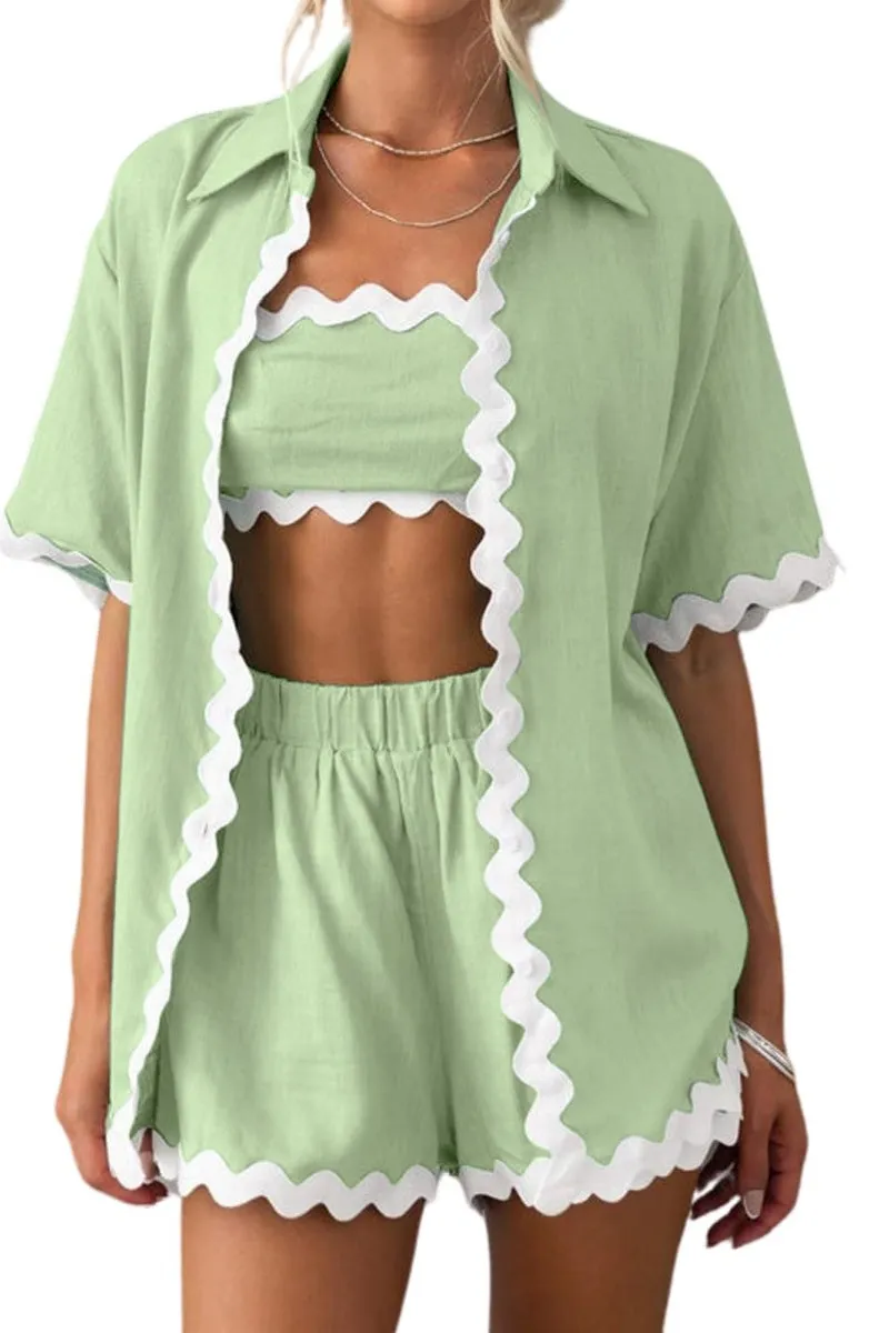 Chouyatou Womens 2 Piece Outfits Beach Vacation Lace Trim Short Sleeve Button Down Shirts and Shorts Lounge Pajama Sets