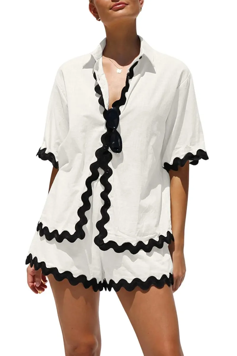 Chouyatou Womens 2 Piece Outfits Beach Vacation Lace Trim Short Sleeve Button Down Shirts and Shorts Lounge Pajama Sets