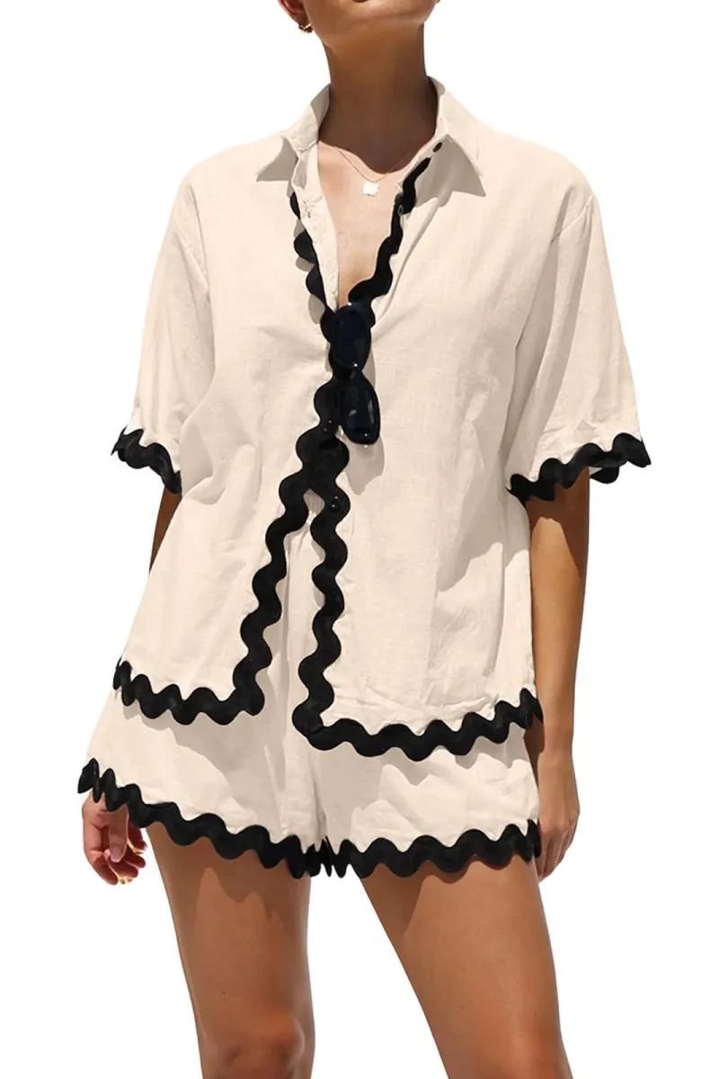 Chouyatou Womens 2 Piece Outfits Beach Vacation Lace Trim Short Sleeve Button Down Shirts and Shorts Lounge Pajama Sets