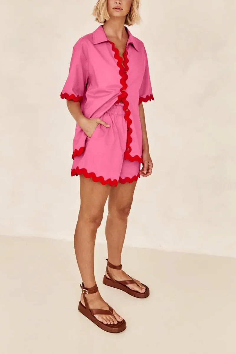 Chouyatou Womens 2 Piece Outfits Beach Vacation Lace Trim Short Sleeve Button Down Shirts and Shorts Lounge Pajama Sets