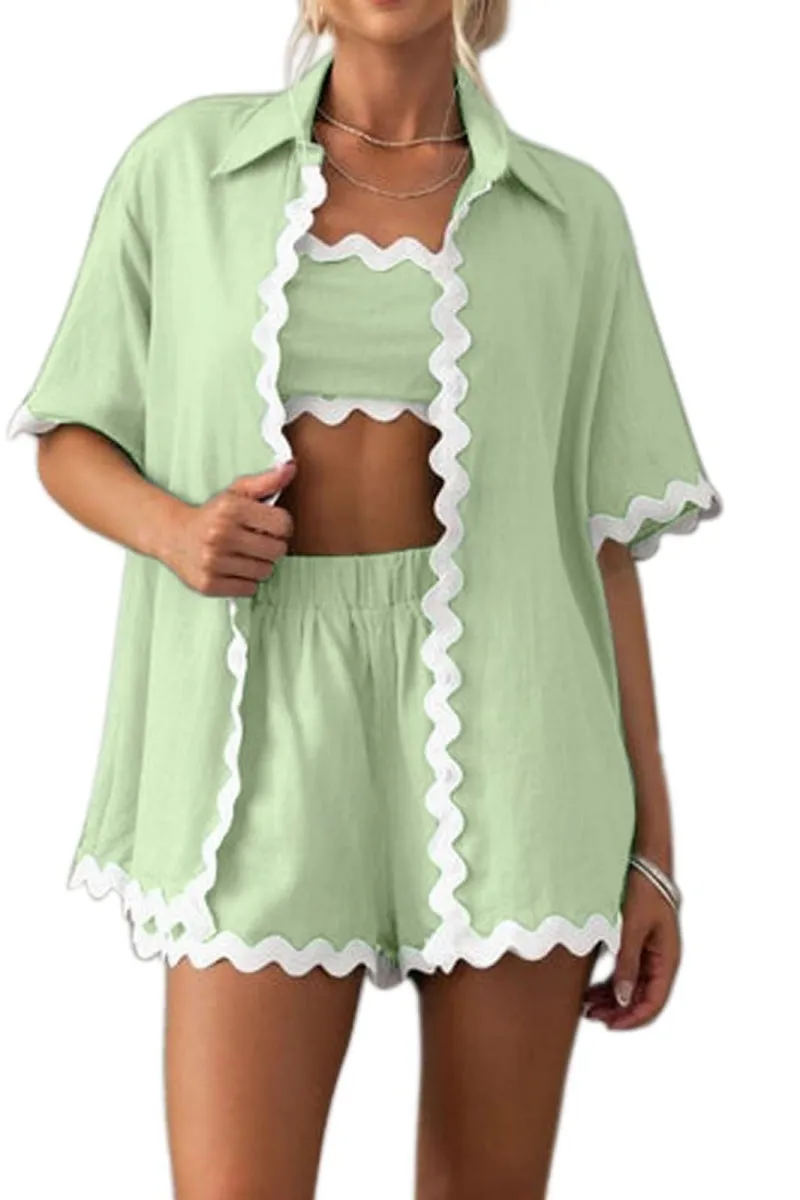 Chouyatou Womens 2 Piece Outfits Beach Vacation Lace Trim Short Sleeve Button Down Shirts and Shorts Lounge Pajama Sets