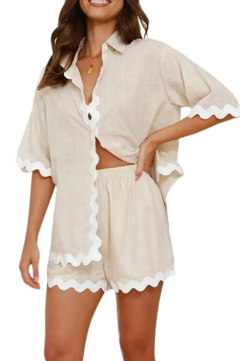 Chouyatou Womens 2 Piece Outfits Beach Vacation Lace Trim Short Sleeve Button Down Shirts and Shorts Lounge Pajama Sets