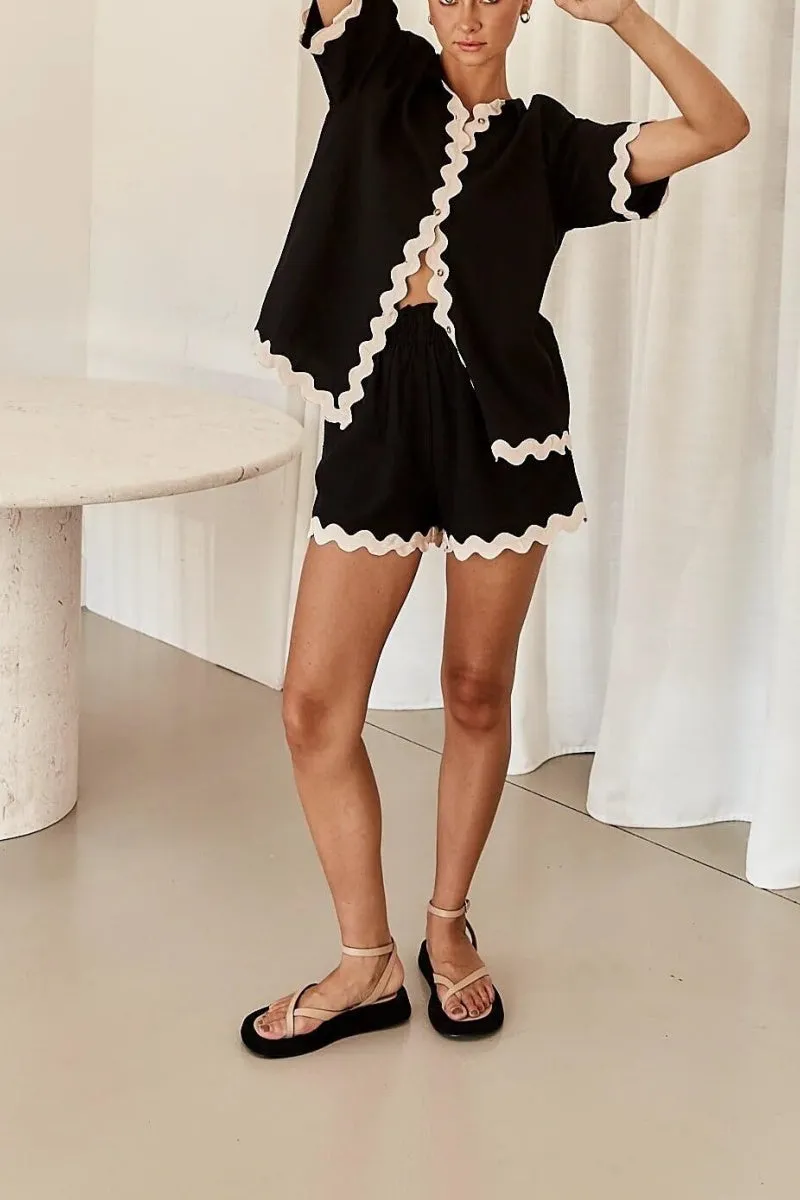 Chouyatou Womens 2 Piece Outfits Beach Vacation Lace Trim Short Sleeve Button Down Shirts and Shorts Lounge Pajama Sets
