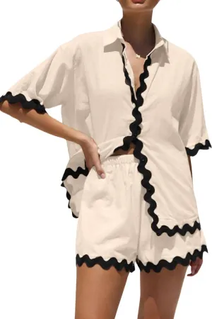 Chouyatou Womens 2 Piece Outfits Beach Vacation Lace Trim Short Sleeve Button Down Shirts and Shorts Lounge Pajama Sets