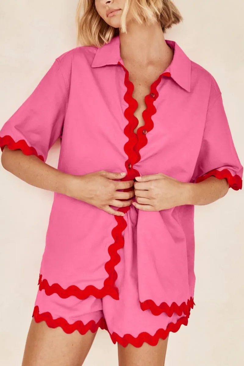 Chouyatou Womens 2 Piece Outfits Beach Vacation Lace Trim Short Sleeve Button Down Shirts and Shorts Lounge Pajama Sets