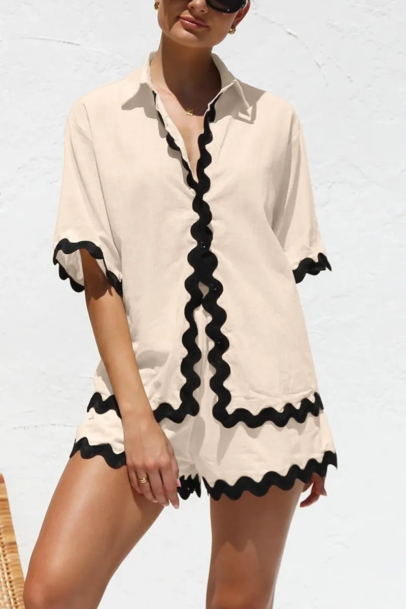 Chouyatou Womens 2 Piece Outfits Beach Vacation Lace Trim Short Sleeve Button Down Shirts and Shorts Lounge Pajama Sets