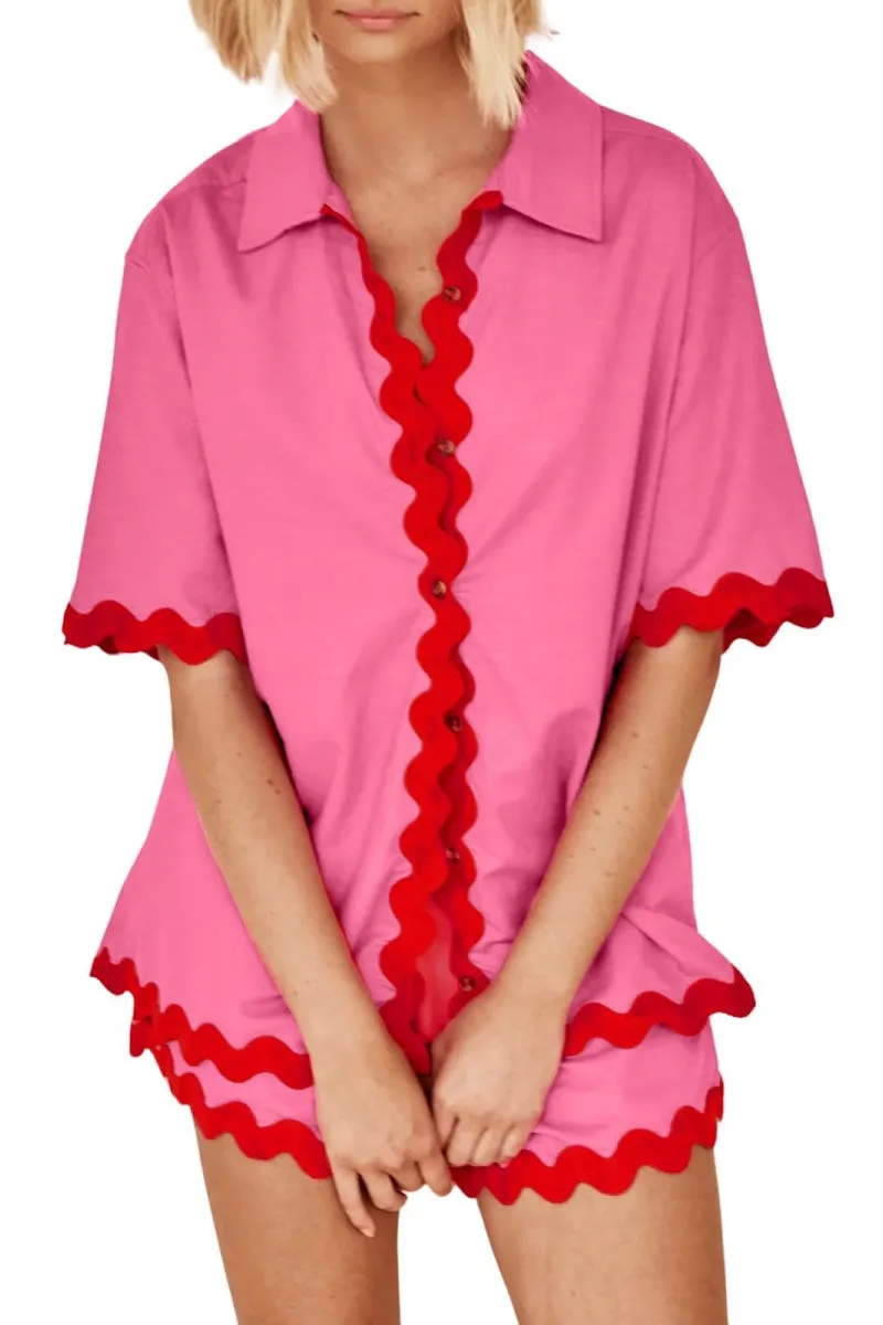 Chouyatou Womens 2 Piece Outfits Beach Vacation Lace Trim Short Sleeve Button Down Shirts and Shorts Lounge Pajama Sets