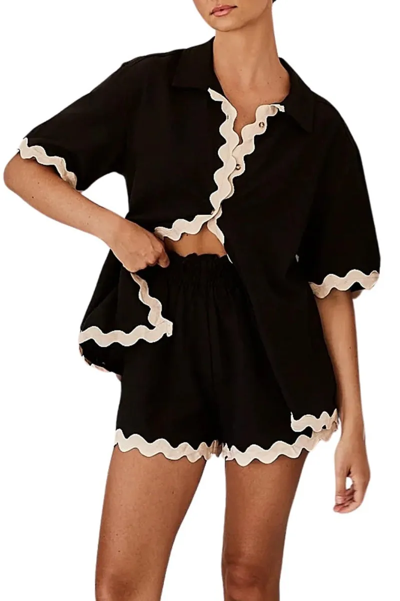Chouyatou Womens 2 Piece Outfits Beach Vacation Lace Trim Short Sleeve Button Down Shirts and Shorts Lounge Pajama Sets