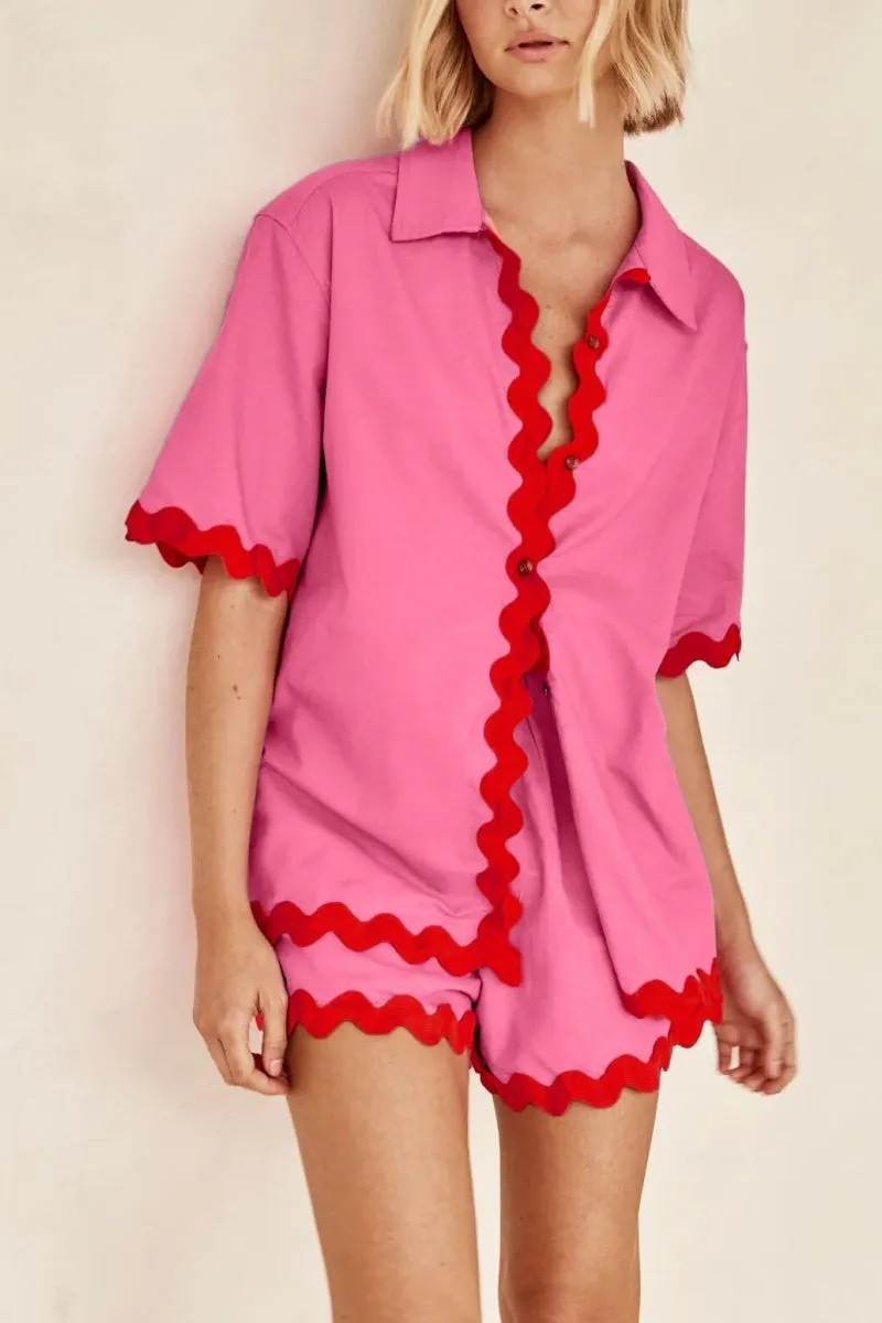 Chouyatou Womens 2 Piece Outfits Beach Vacation Lace Trim Short Sleeve Button Down Shirts and Shorts Lounge Pajama Sets