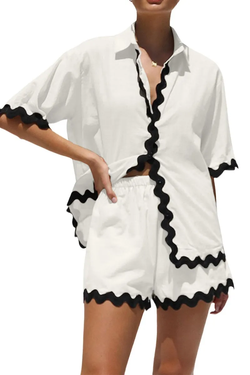Chouyatou Womens 2 Piece Outfits Beach Vacation Lace Trim Short Sleeve Button Down Shirts and Shorts Lounge Pajama Sets
